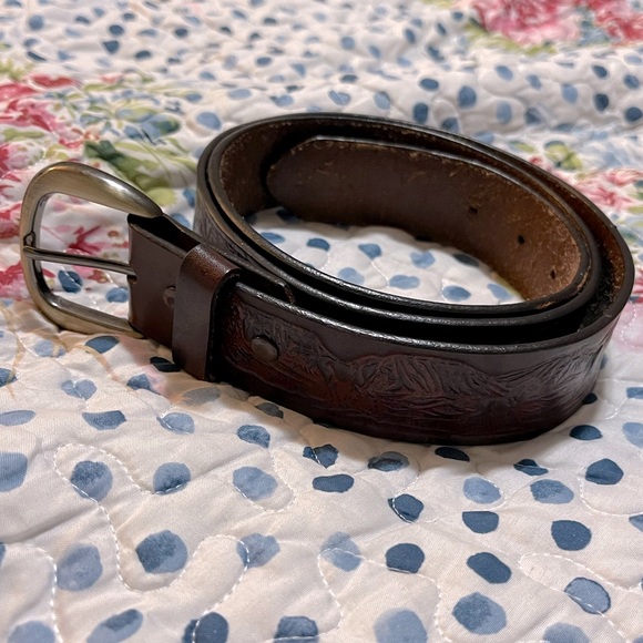 Accessories Mens Western Brown Genuine Leather Belt Horse Embossed